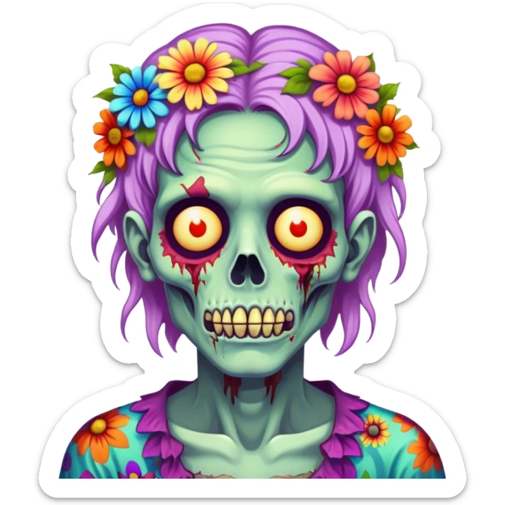 Cinematic ultra detailed 32k HD Psychedelic colored hippie style zombie with flowers sticker