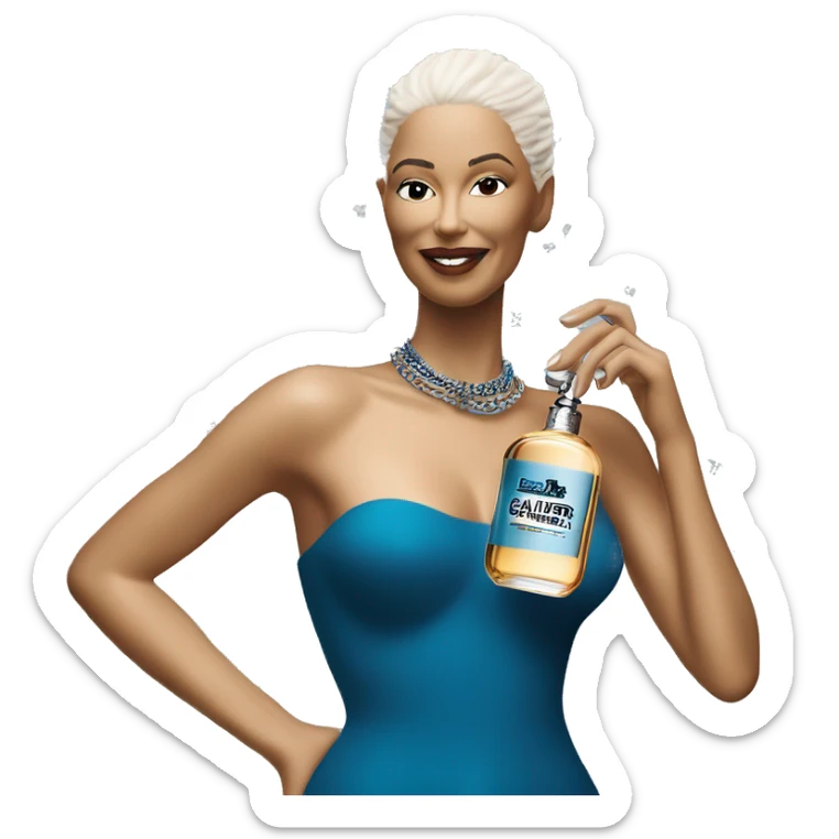 Woman holding Jean Paul Gaultier Le Male eau de toilette bottle sticker