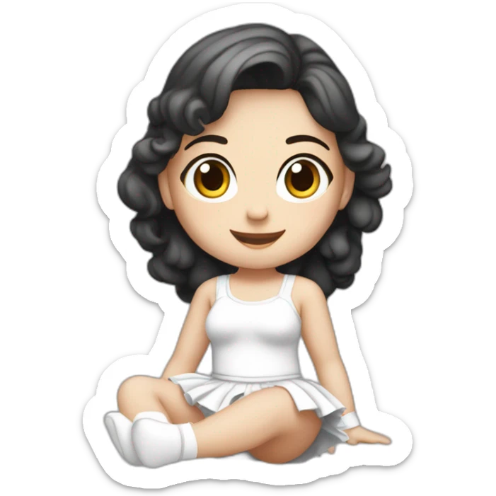 Front view curvy caucasian beauty sitting straight hands up black skirt white knickers white socks sticker