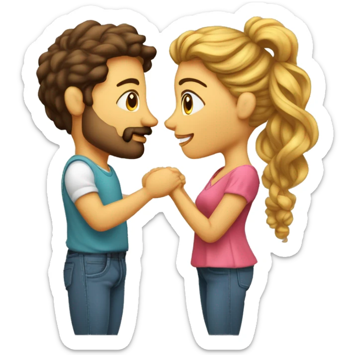 beso pareja mujer morena pelo rizado y hombre sin bigotes pelo lacio y rubio sticker