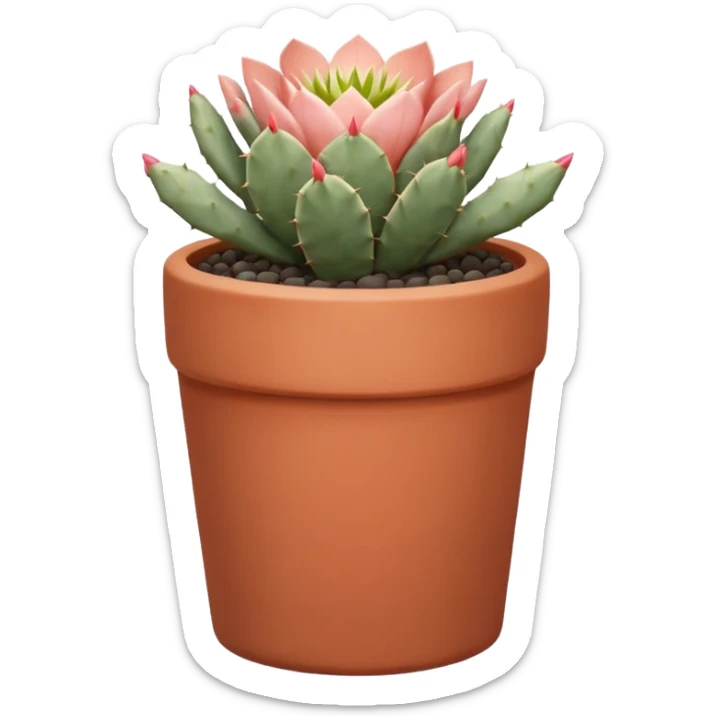 A ceramic pot in a pastel terracotta color, shaped like a cylinder, the pot is tall and contains an Acanthocalycium Glaucum cactus plant. sticker