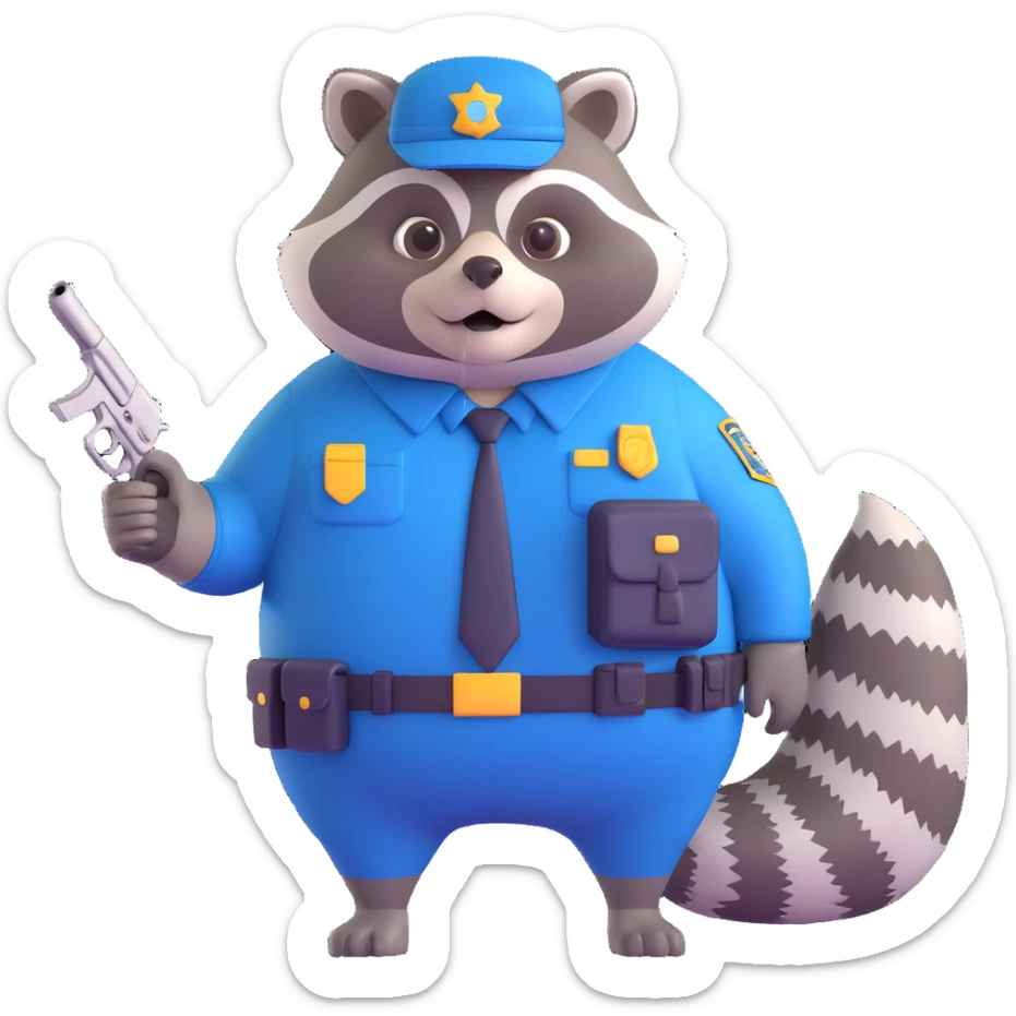 Add a cute pet raccoon next to the big, overweight federal agent in 3D cartoon style with transparent background. sticker