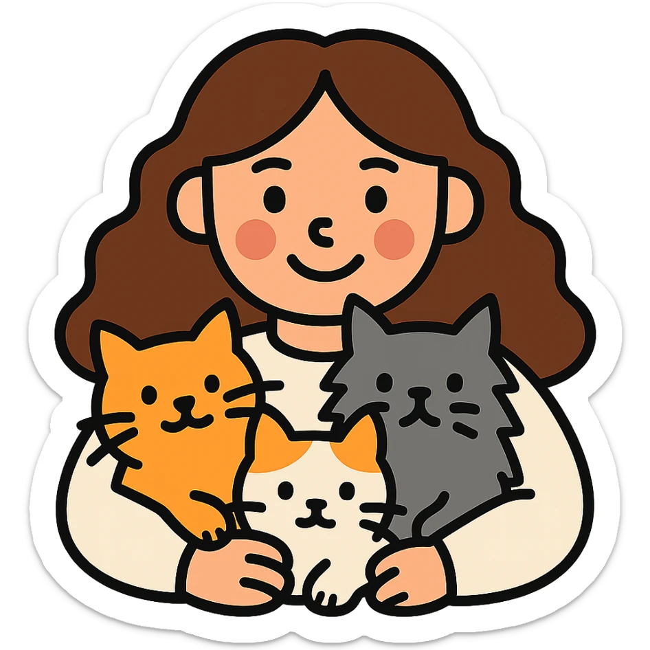 Change the girl's hair color to brown and have her hug three cats, each a different color, keeping the lineal color icon with black outlines style. Remove the background. sticker