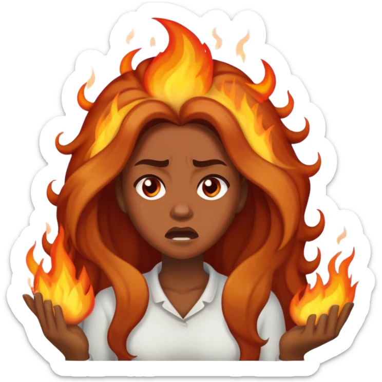 African American woman with long hair, frustrated face expression, with her hair on fire sticker