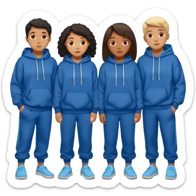 four mixed race friends all wearing oversized hoodies, sweatpants, and slides huddled together in a circle  sticker