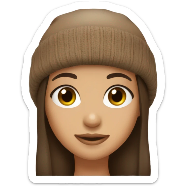 Brunette girl with bangs, big eyelashes, hazel eyes, wearing a brown beanie sticker