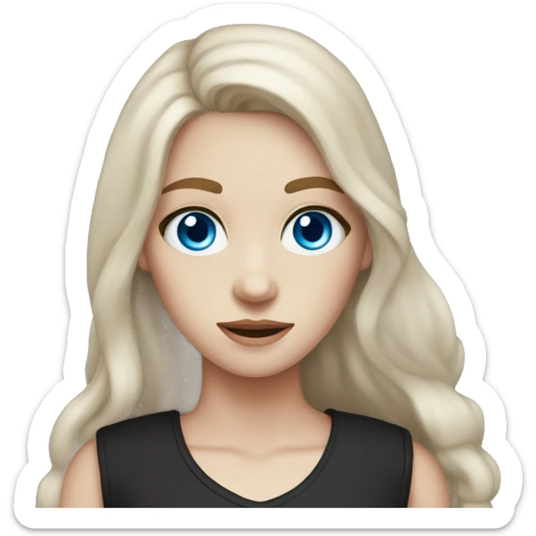 a pale girl with long brown hair, blue eyes  with freckles wearing a black vest  sticker