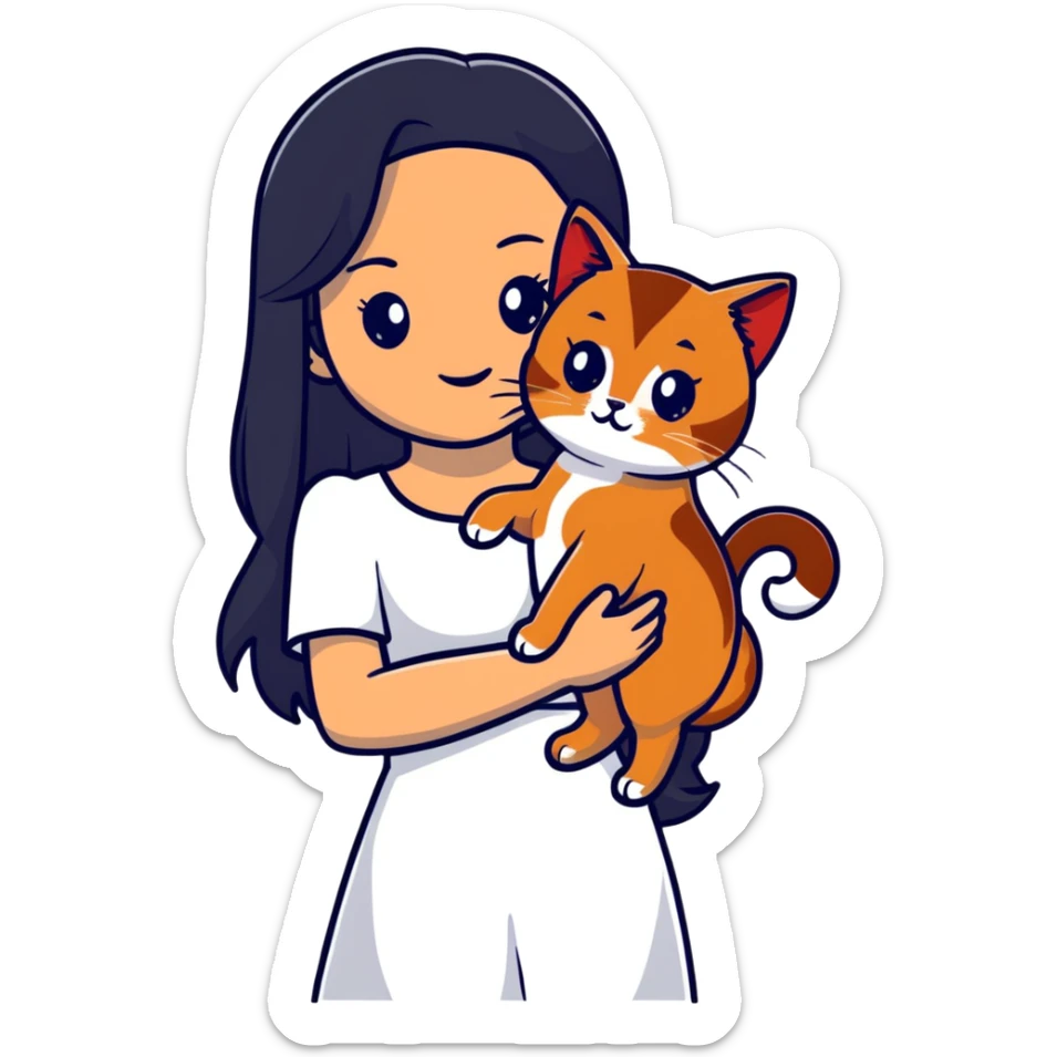 beautiful girl with long black hair wearing a white dress holding an Abyssinian cat with reddish-brown fur in her arms sticker