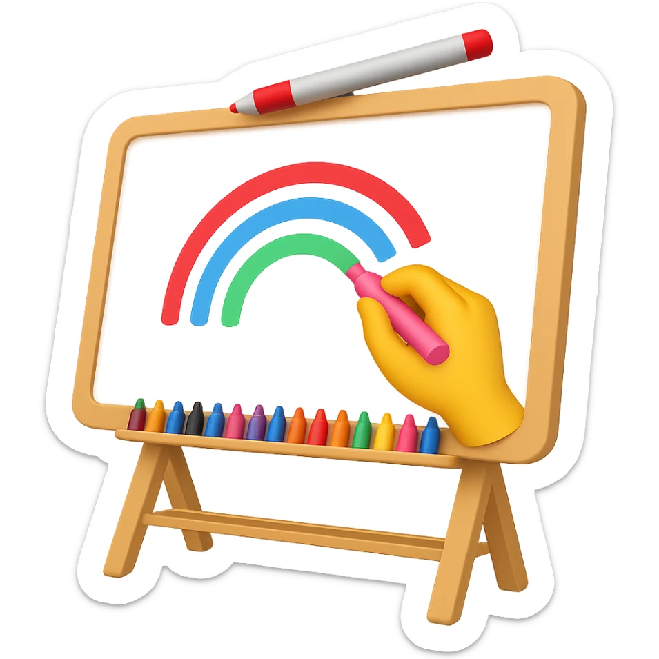 Add a hand drawing something on the whiteboard with colorful markers in emoji style, no background, vibrant and clear colors, simple and concise emoji look sticker