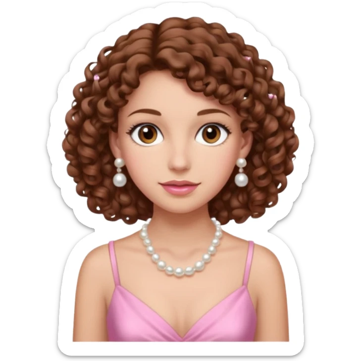 A woman with a brown curly hair and beautiful brown eyes and white skin and pink dress with pearl jewelry sticker