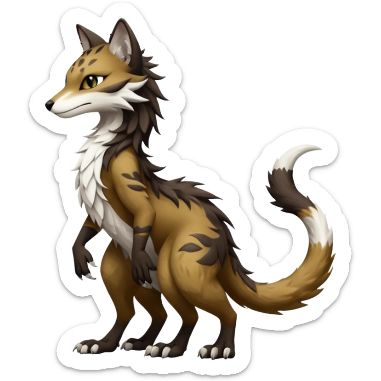 Brown and black and white fantasy feline-vernid-sergal-fursona animal creature with a tufted tail full body with intricate markings  sticker