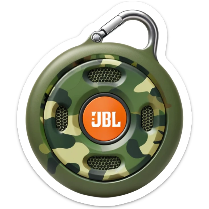 Minimalist JBL Clip 4 speaker with circular shape, carabiner clip, green camouflage pattern, and small JBL logo in the center, iOS emoji style sticker