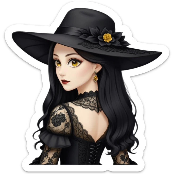 Naked ass back view Alcina Dimitrescu is a 2.9-meter-tall vampire with fair skin, sharp features, and long dark hair. She has striking yellow eyes and wears an elegant, dark gothic dress with lace details and a large hat. sticker