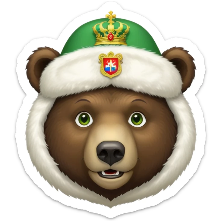 Dark brown grizzly bear face with green eyes, wearing a white fur hat with golden Russian coat of arms in the middle sticker