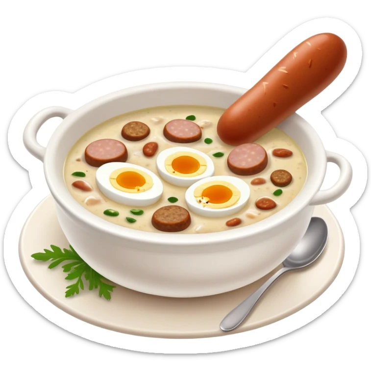 cinematic-realistic zurek-soup-dish-emoji,-depicted-as-a-tangy,-creamy-rye-soup-with-sausage-and-1 boiled egg-rendered-with-detailed-textures-and-warm,-comforting-lighting. sticker
