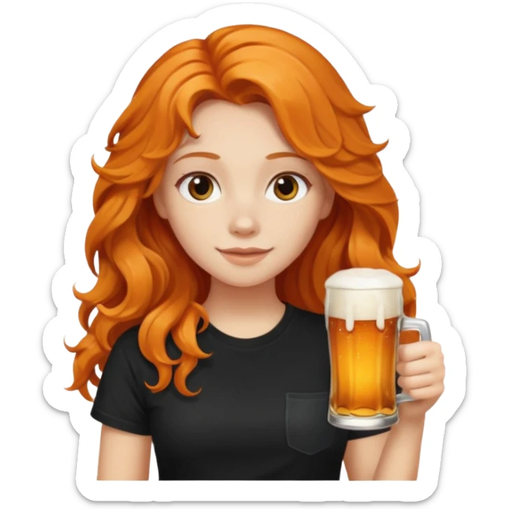 Girl with long orange wavy hair and black t-shirt with beer on hand sticker