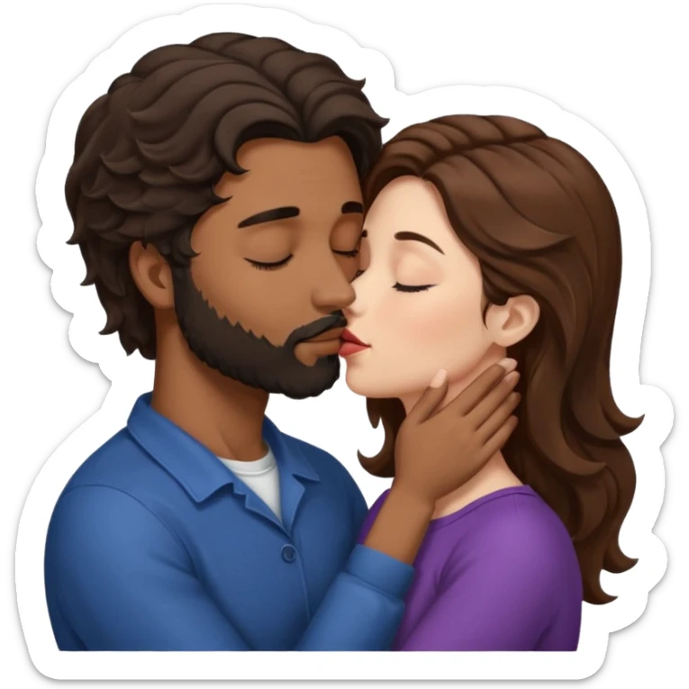 White woman (brown hair with eyes closed) kissing the top of the head (forehead) of brown man with black wavy hair (has a a beard with his eyes closed too). Woman has her lips to the forehead of the man, kissing him. sticker