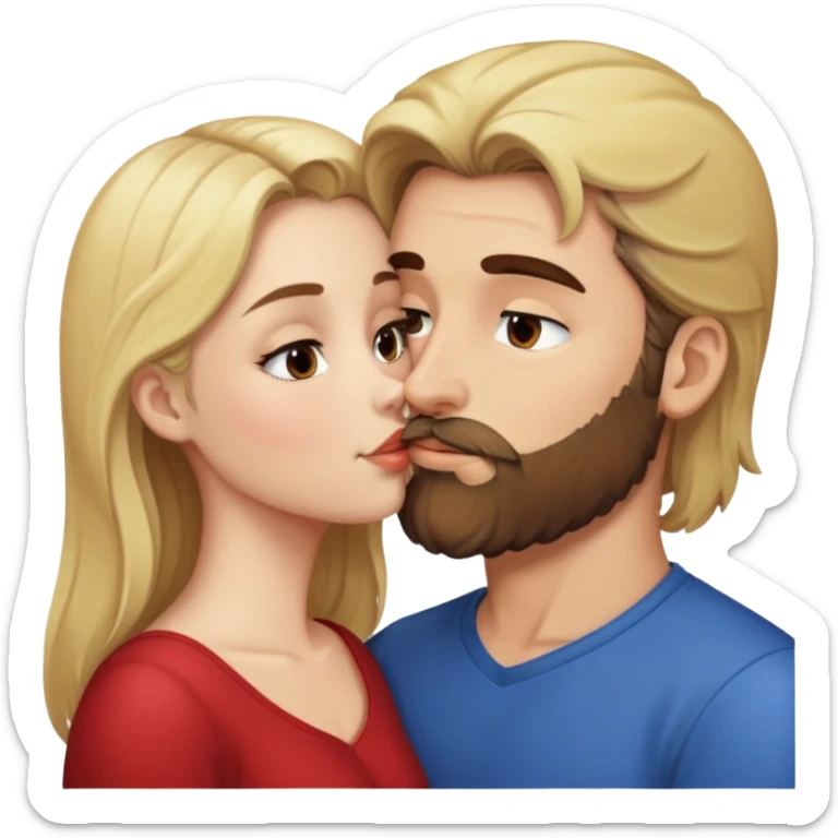 girl with brunette hair kissing a man with blonde hair and brown beard sticker