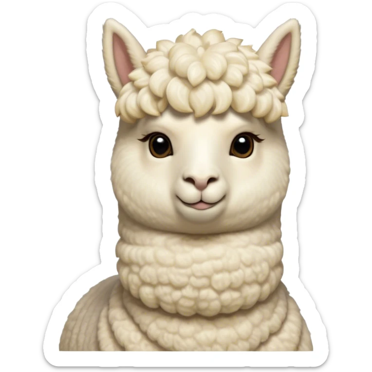 Cinematic Noble Cream Alpaca Portrait Emoji, Poised and regal, with a graceful, sturdy build and a luxuriously soft, well-groomed cream fleece, deep-set soulful gentle eyes, Simplified yet sharp and sophisticated features, highly detailed, glowing with a soft, dignified glow, high shine, intelligent and serene, stylized with an air of pastoral elegance, focused and attentive, soft glowing outline, capturing the essence of a watchful and confident companion, so majestic it feels as though it could stride out of the screen with effortless authority! sticker