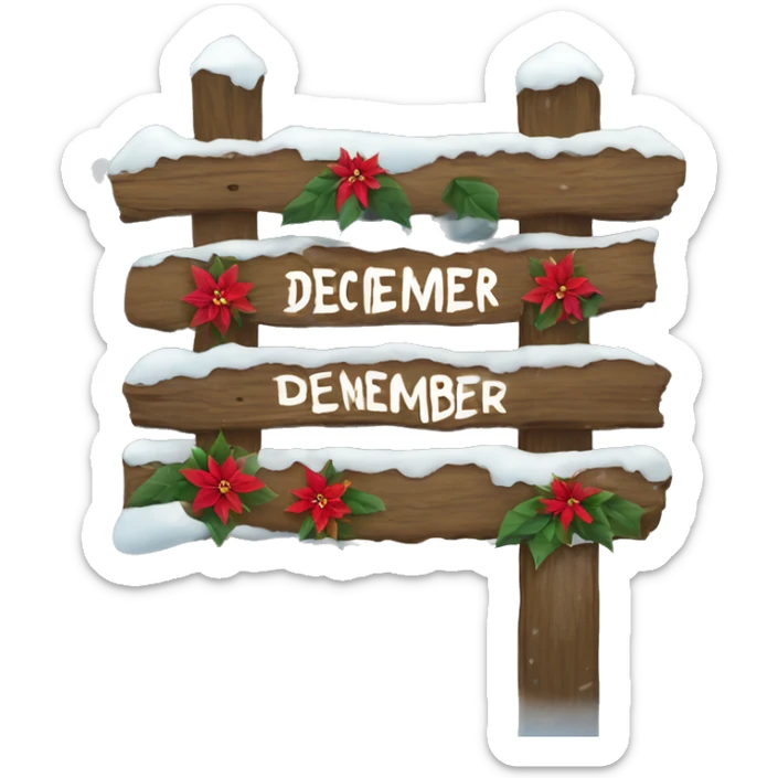 Wood sign with inscription december and poinsettia with snow on sign  sticker