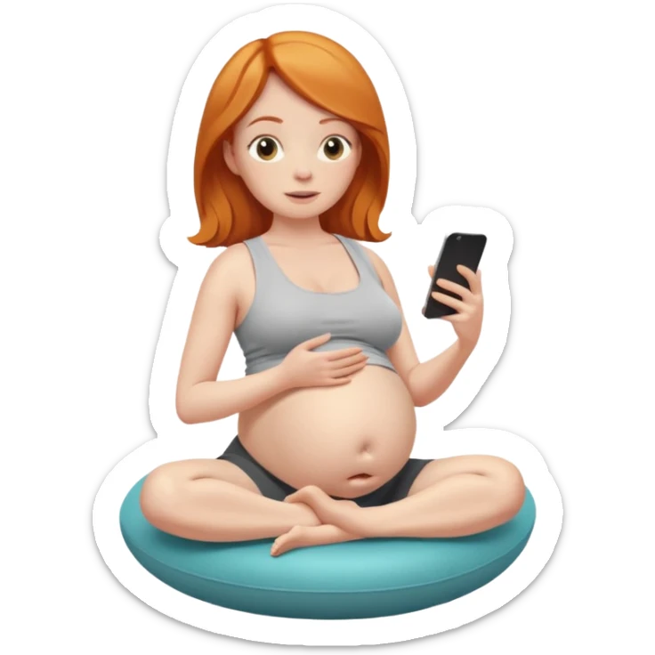 Pregnant ginger lady sitting on a yoga ball watching tv with a burrito in one hand and the other hand on one of her boobs sticker