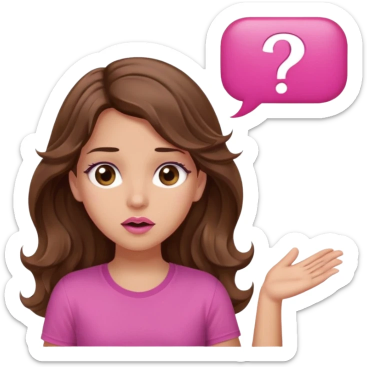 girl with long wavy brown hair, brown eyes, light to medium complexion, in a pink shirt, pink lips, long lashes, shugging, question mark one speech bubble sticker