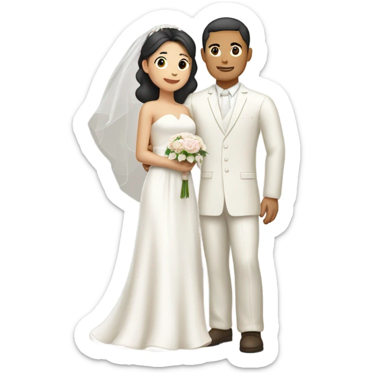 Tan skin Asian man with brown eye black hair light fair skin woman in love in wedding  sticker