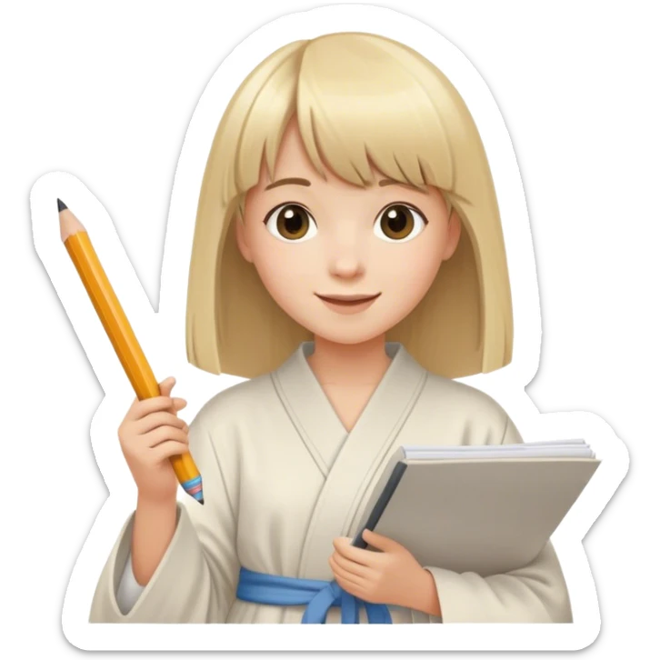young very happy artist with straight blonde hair and bangs, with pencil and paper and casual robe sticker