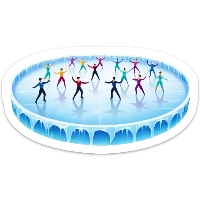 An icon of a theatrical ice show with costumed figure skaters performing a dramatic scene on a glowing ice stage. Spotlights, colorful scenery, and a cheering audience in a grand arena convey the magic and artistry of the ice performance. Transparent background included. sticker