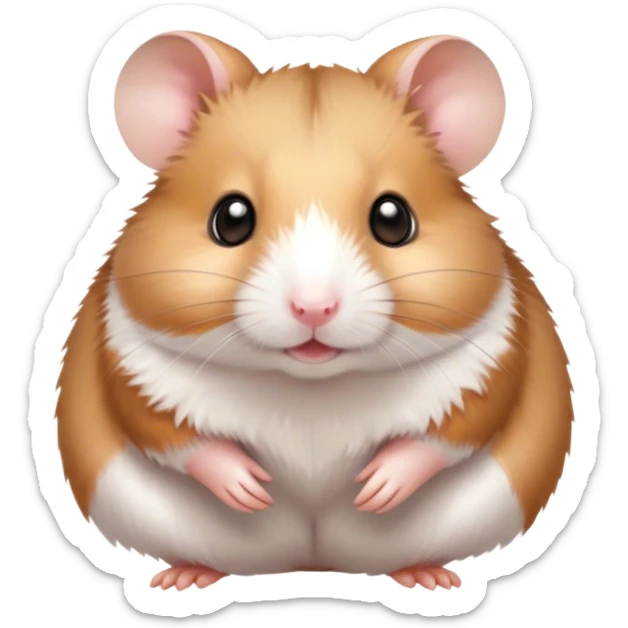 Cinematic Cute Brown and White Banded Hamster Portrait Emoji, Head tilted playfully and inquisitively, showcasing a fluffy fur with playful brown and white banded patterns, round, sparkling dark eyes filled with curiosity, Simplified yet irresistibly adorable features, highly detailed, glowing with a warm, friendly glow, high shine, affectionate and lively, stylized with a touch of whimsy, bright and endearing, soft glowing outline, capturing the essence of a mischievous yet loving hamster, so playful it feels like it could dash out of the screen and into your arms! sticker