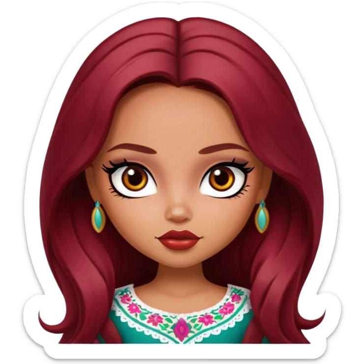 pretty bratz girl, long dark red hair,  mexican, brown eyes, black eyeliner, mexican skin sticker