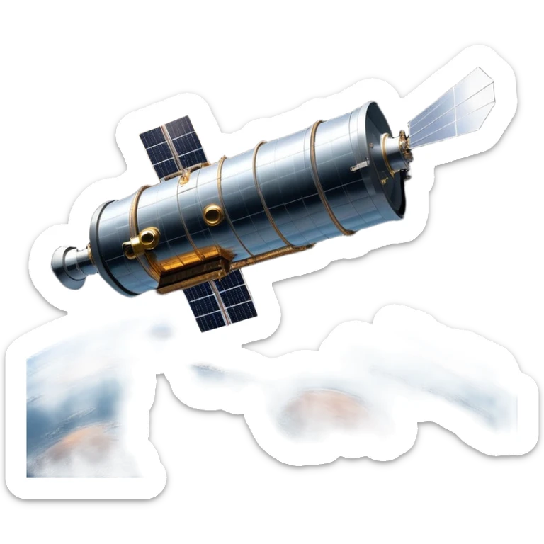 cinematic-realistic-hubble-space-telescope-emoji, an awe-inspiring, ultra-detailed depiction of the Hubble Space Telescope floating in space, its large, reflective metallic surface gleaming against the backdrop of the infinite blackness. The telescope's vast solar panels extend outwards, catching the light from distant stars, while its intricate, cylindrical body showcases advanced, precise engineering. The telescope's large, hexagonal lens is pointed towards the cosmos, surrounded by mechanical components, wires, and sensors. The detailed textures of the telescope’s metallic exterior, the shiny reflective coating, and the intricate grid-like solar panels are sharply contrasted against the void of space, with distant stars and nebulae faintly visible in the background, adding to the sense of scale and te sticker