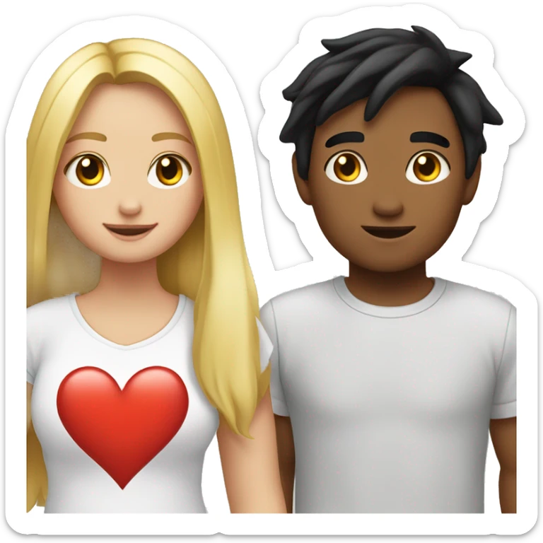 An emoji of a young girl with long blonde hair standing next to her boyfriend, who has black hair and fair skin. A heart symbol is between them, and the boy's T-shirt features a lightning bolt symbol sticker
