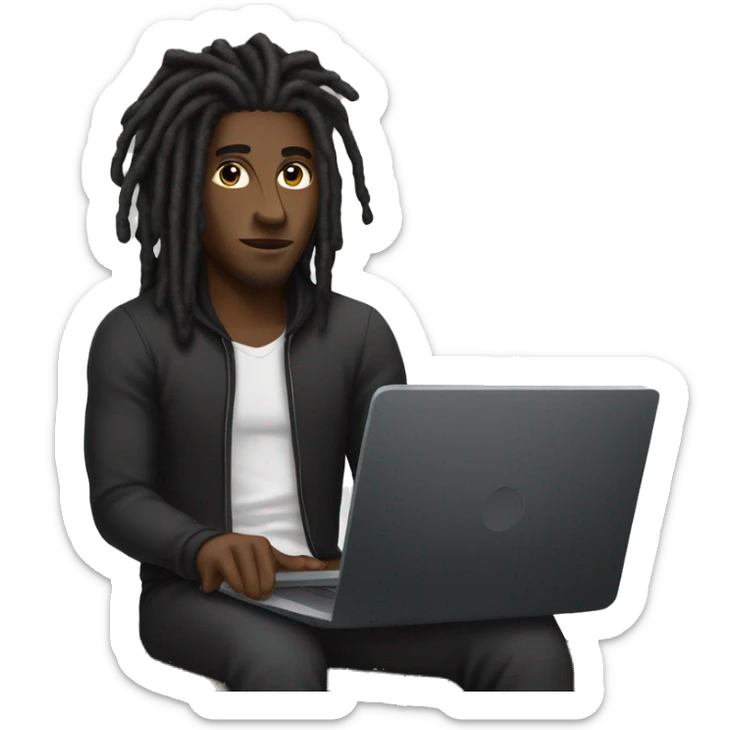 Black-guy-with-dreads-wearing-black-trackstuit-sitting-down-on-chair facing-foward-focused-on-laptop-computer- sticker