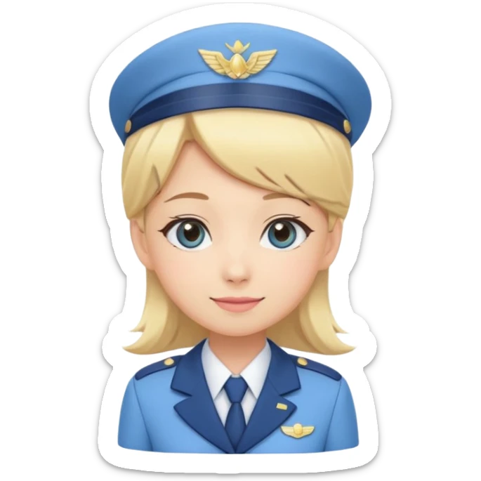 Cute emoji-style Japanese flight attendant, blonde hair, pastel blue airline uniform, kawaii cartoon style, big eyes, simple clean lineart, pastel colors, chibi proportions, friendly smile, sticker/emoji, transparent background sticker
