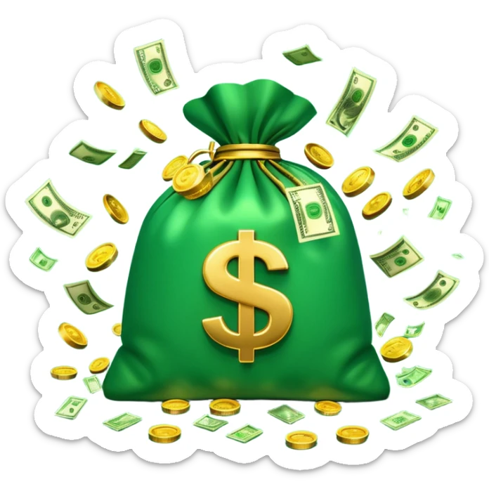 

3D emoji style, big bag of money, flying dollar bills, rich casino vibe, smooth lighting, high detail, clean edges, transparent background



 sticker