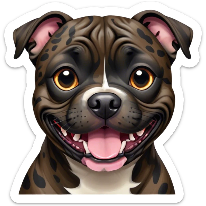 Cinematic Comical Black/Brindle Staffordshire Bull Terrier Portrait Emoji, Head tilted dramatically with an exaggeratedly amused expression, featuring a striking Fur with bold black and brindle patterns, wide, expressive dark eyes filled with playful disbelief, Simplified yet hilariously expressive features, highly detailed, glowing with a slightly sassy glow, high shine, dramatic yet playful, stylized with an air of cheeky mischief, bright and endearing, soft glowing outline, capturing the essence of a spirited and over-the-top guardian, so meme-worthy it feels like it could side-eye its way into internet fame instantly! sticker