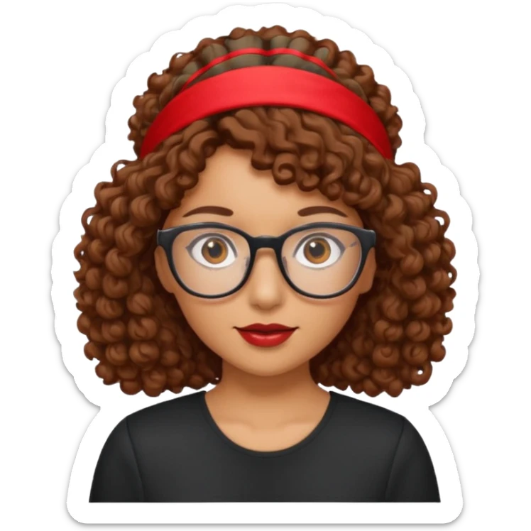 Mujer de piel canela, pelo marron y rizado, lentes y una cinta roja en la frente  sticker