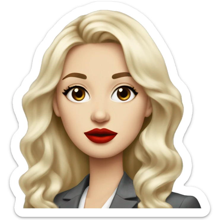 Russian Blonde long hair with big red lips small nose and black eyes Tiffany diamond seller in a grey suit sticker