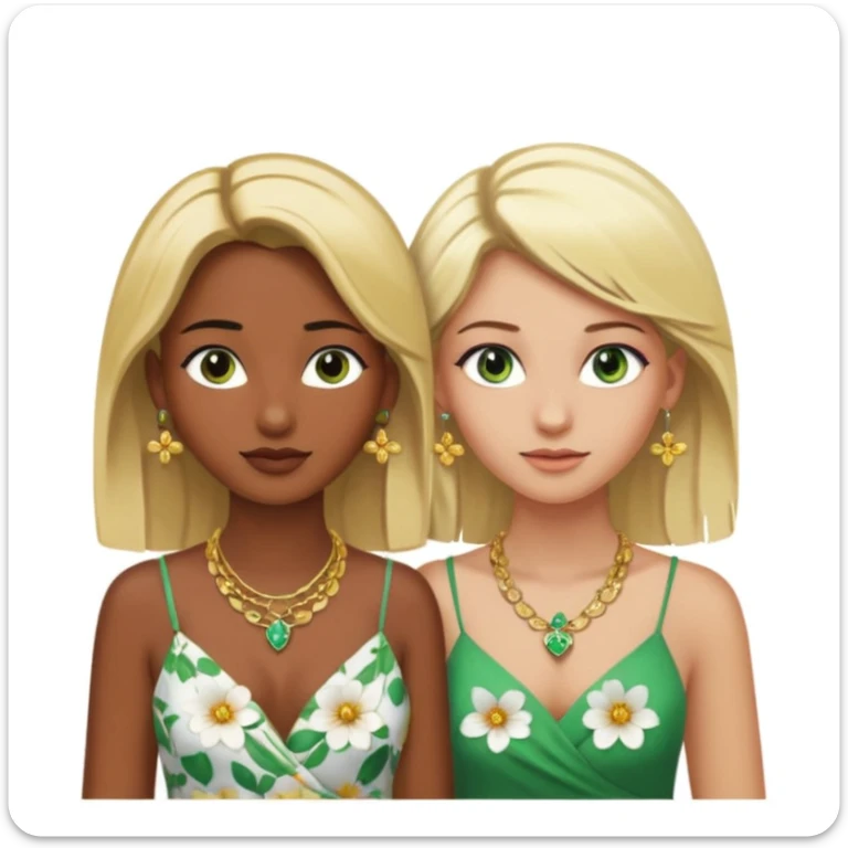 There will be two young women. One with dark brown skin, brown eyes, blonde hair, wearing a lot of necklaces and earrings. The other woman with green eyes, white skin, blonde hair, wearing a necklace and earrings, both wearing flowery dresses. sticker