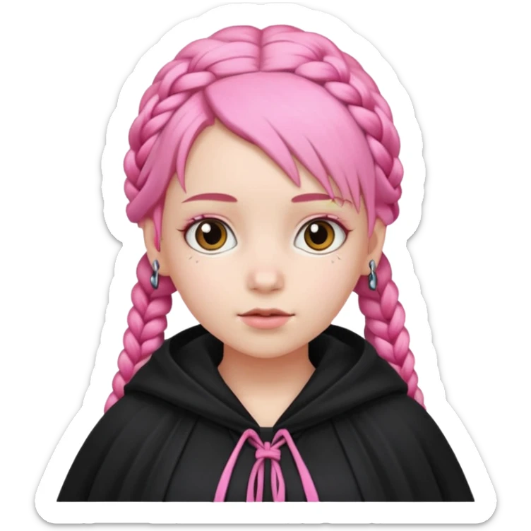 pink braids hair kid girl, white skin, wear black cloak sticker