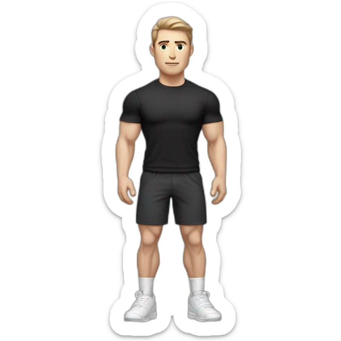 Pale skinned Fit Man With the biceps and dark brown hair in black shirt, gray sports shorts and white Sneakers His right hand near his back of the head sticker