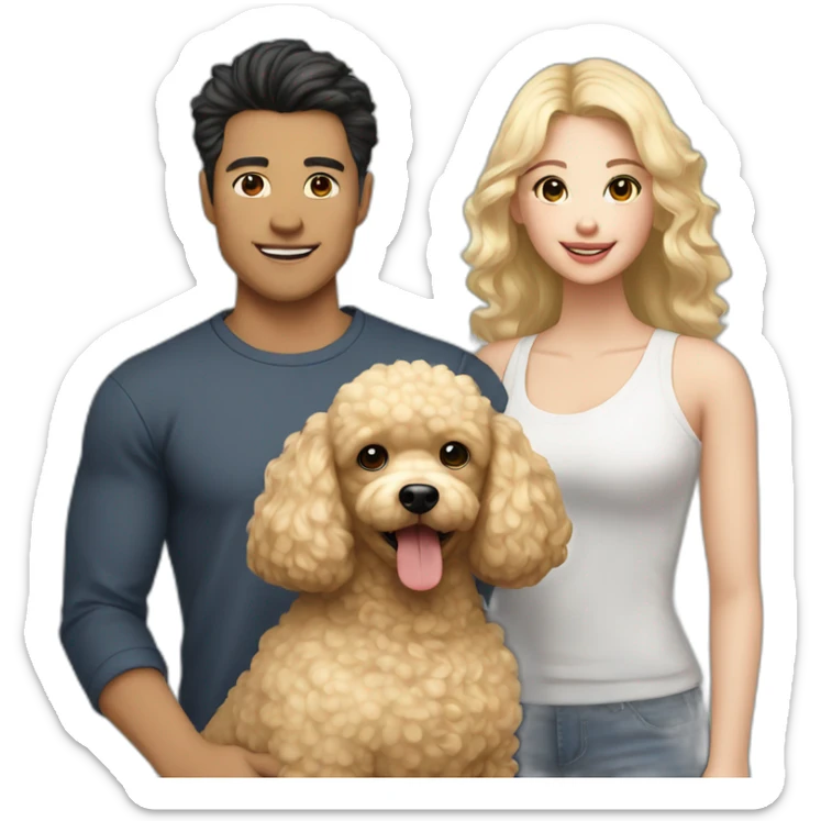 A Family consisting of 1 asian man with dark eyes and hair and 1 white blonde girl with pale skin and 1 fluffy brown toy poodle sticker