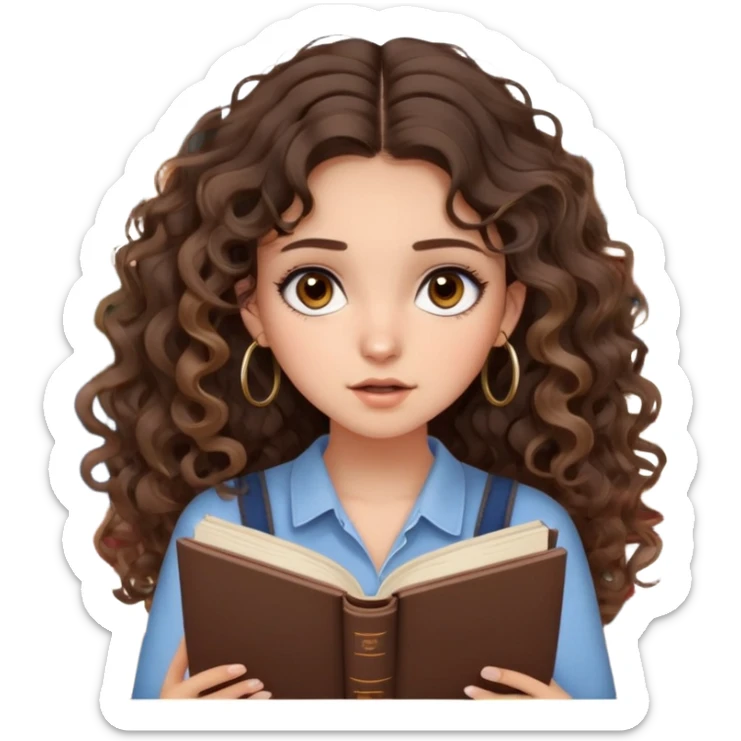 cute girl long brunette balayage curly/wavy not voluminous hair, brown eyes, hoop earrings, natural pretty clean makeup: desperate and shocked surrounded by books because she’s studying for her exams sticker