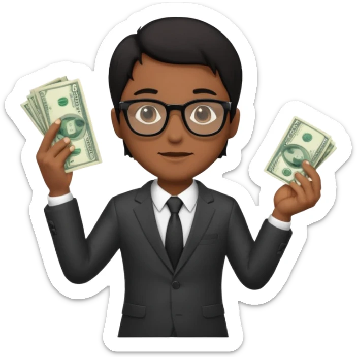 Rich man holding money with his left hand, wearing suit and glasses black hair, brown skin sticker