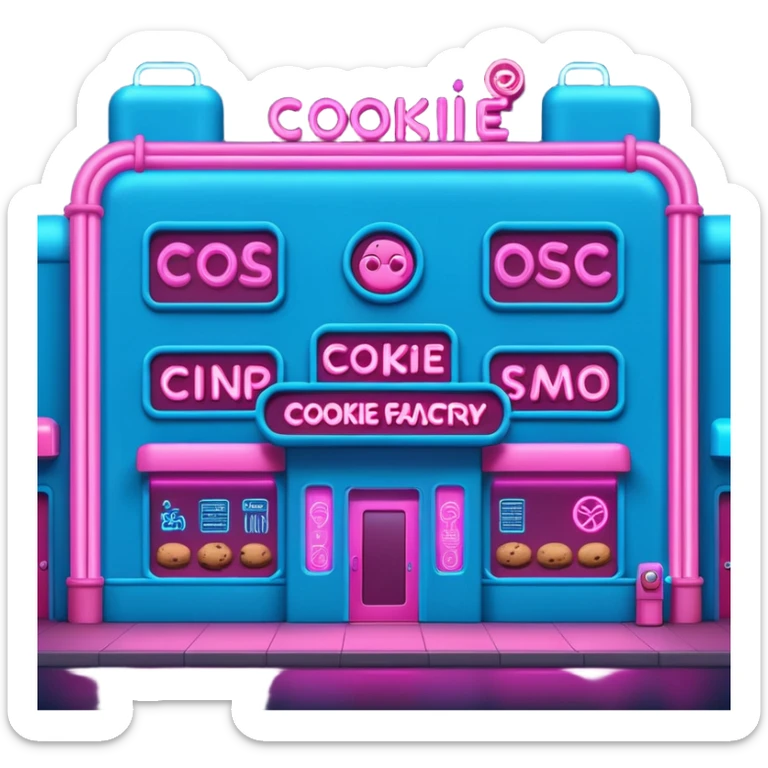 Exterior of a cyberpunk cookie factory, neon lights outlining the building, laser beams scanning the entrance, glowing pipes in electric blue and pink wrapping the facade, emoji-style sticker