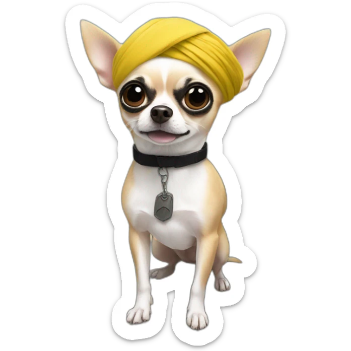 chihuahua on a military tank with a white turban, a black flag on his arm, sticker