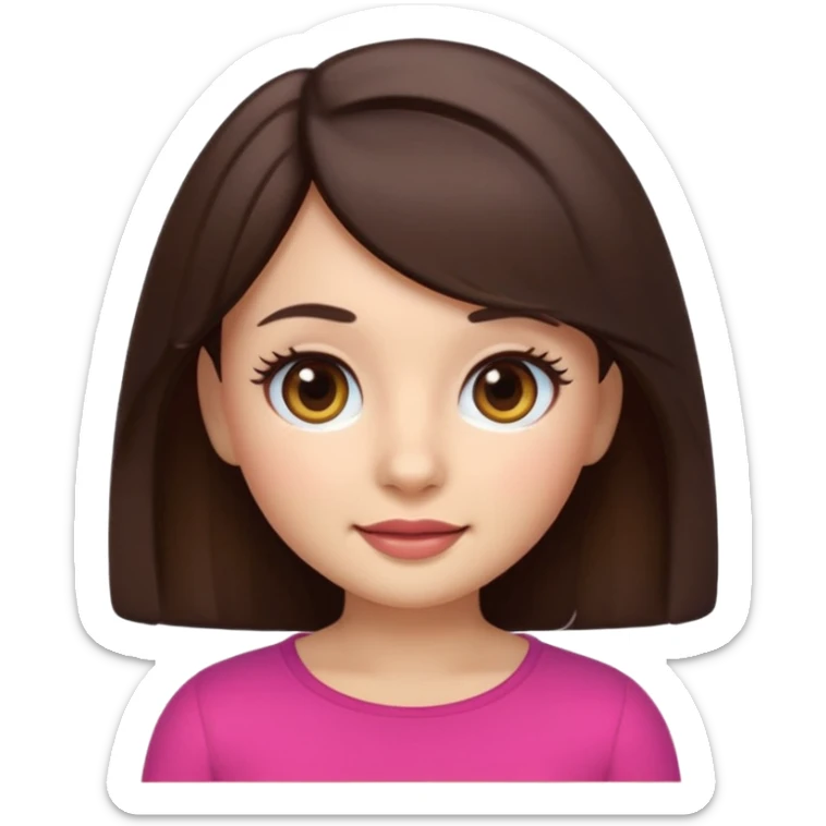 3D emoji sticker of a cute girl, Apple Memoji style, dark brown hair, brown eyes, long eyelash extensions, soft facial features, clean white background, smooth lighting, high quality, cute and friendly expression sticker
