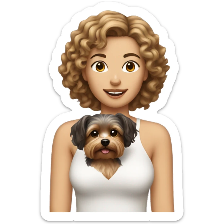 white women with curly medium length brunette hair, holding a yorkie dog sticker