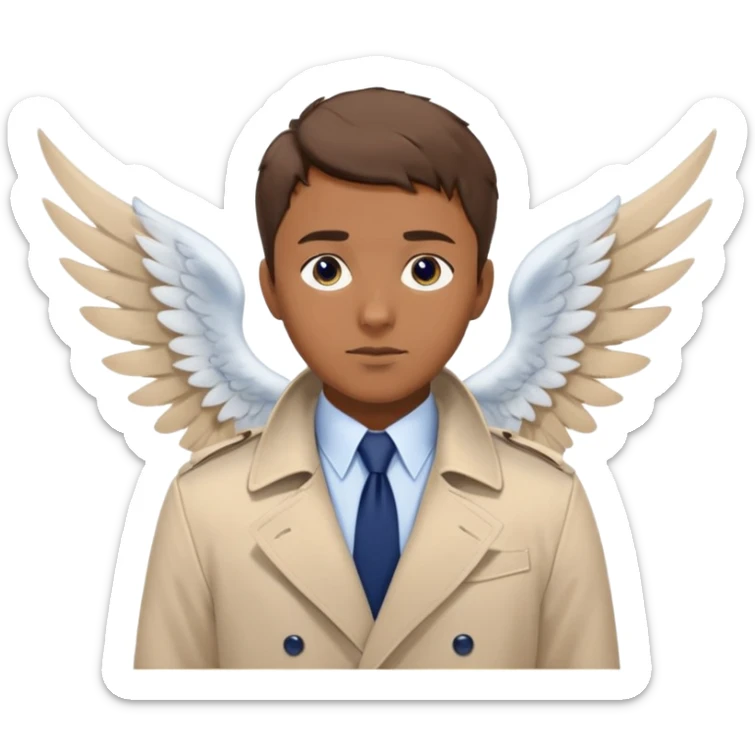a man brown short hair, blue eyes, beige trenchcoat, white shirt, navy tie, angel wings sticker